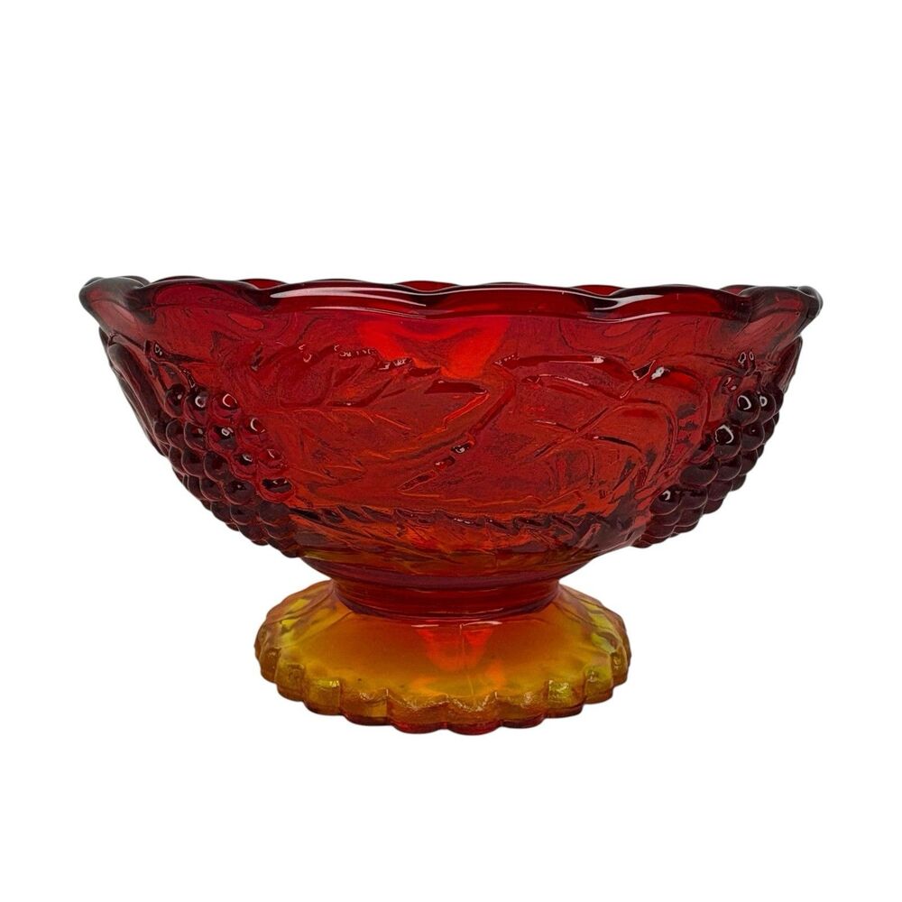 VTG L E Smith Harvest Grapes Amberina Glass Pedestal Bowl Pie Crust Rim 5" Wide - Picture 2 of 6